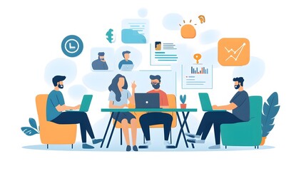 Fototapeta premium Casual team collaborating, diverse group of professionals brainstorming with laptops in a vibrant workspace, copy-space available.
