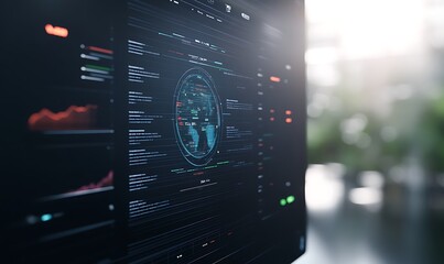 Digital interface displaying data analytics and global insights in a modern tech setting.