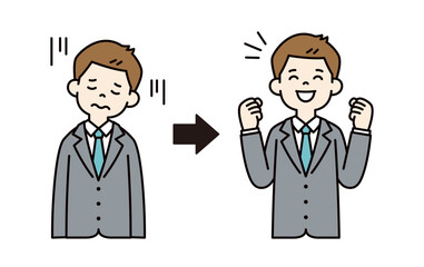 落ち込んだ表情と元気になった表情の、若いビジネスマンのベクターイラスト素材＿線幅の編集可能＿カラー
