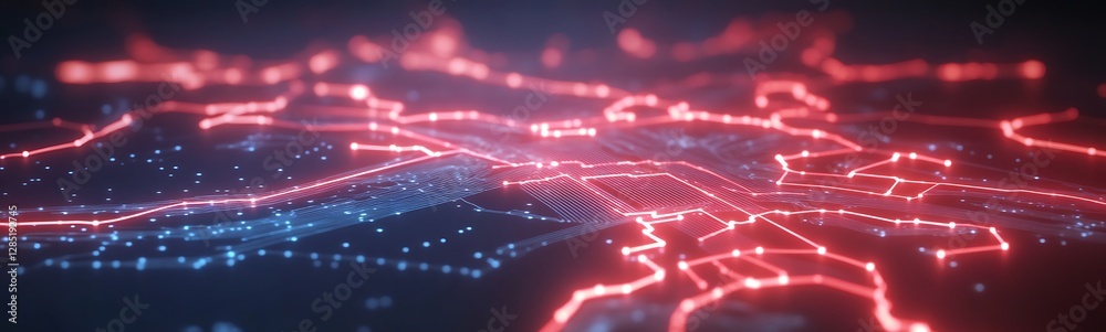 Poster digital map with glowing red and blue lines representing connections and networks across a region.