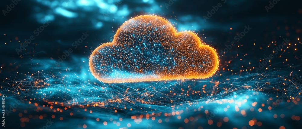 Poster abstract cloud computing image, central cloud icon formed by many small dots, connected by lines, co