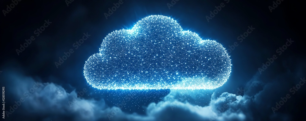 Poster cloud computing visualization with network lines connecting a large cloud icon made of dots, represe