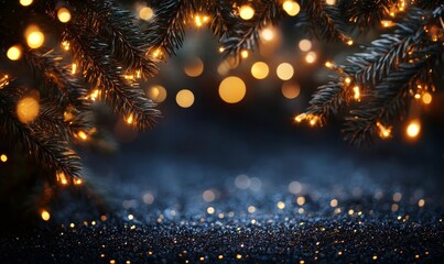 Naklejka premium Golden sparkles and bokeh lights scattered on a black background, creating a magical atmosphere, Generative AI