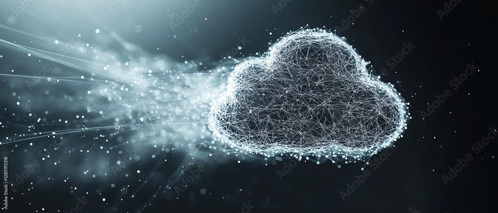 Poster futuristic cloud computing visualization, cloud icon made of tiny dots connected by network lines, s