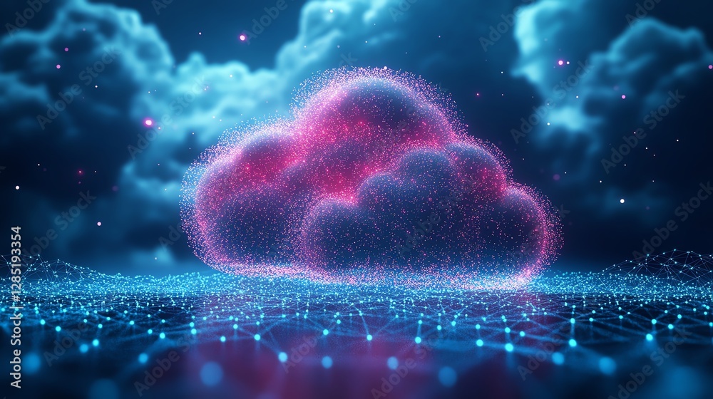 Poster futuristic cloud computing scene, large cloud formed by small dots, interconnected with network line