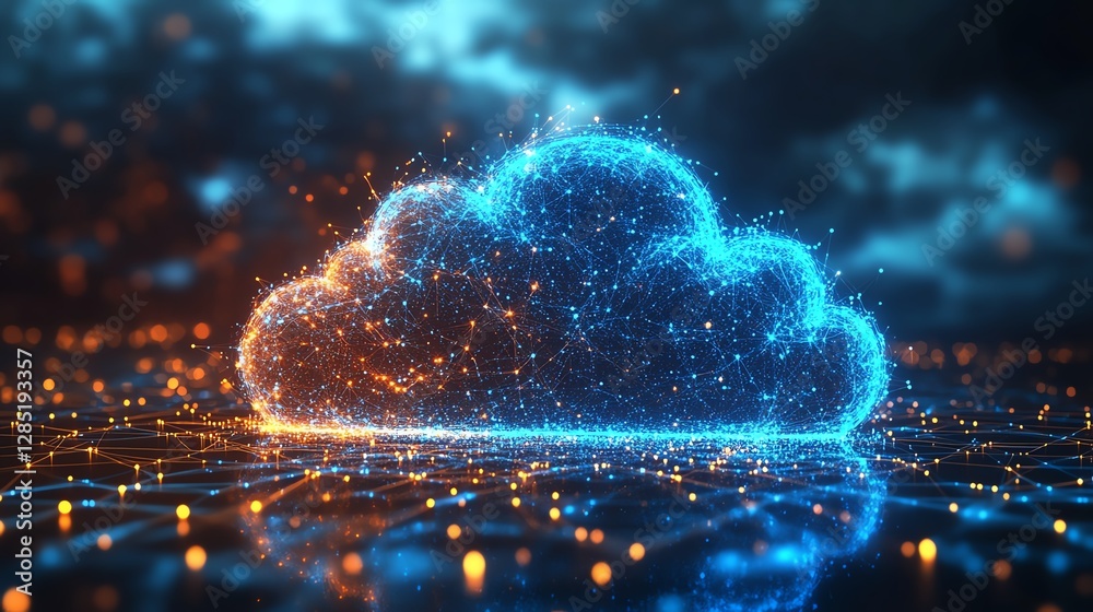 Poster futuristic cloud computing scene, large cloud formed by small dots, interconnected with network line