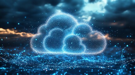 Futuristic cloud computing scene, large cloud formed by small dots, interconnected with network lines, symbolizing digital data flow and global technology integration