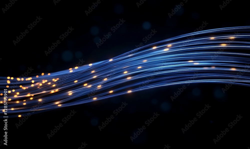 Poster Abstract light trails with shimmering points against a dark background, creating a dynamic and modern visual effect.