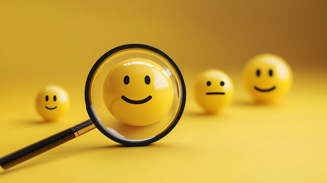 Naklejki Bright yellow background with different emoticon faces, emphasis on smiling emoji under magnifying glass