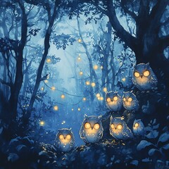 Fancy Animals Owl gathering in a mystical forest at night.