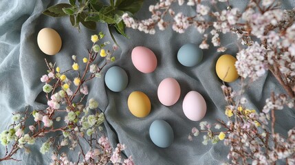 Obraz premium Pastel Easter Egg Arrangement with Delicate Floral Accents and Soft Light