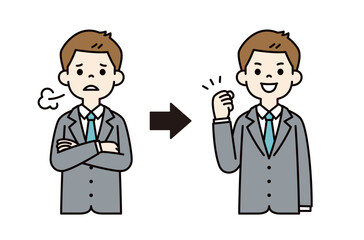 問題・失敗を解決する、若いビジネスマンのベクターイラスト素材＿線幅の編集可能＿カラー