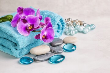 A serene spa arrangement featuring a soft blue towel, purple orchids, smooth stones, and decorative beads, creating a relaxing atmosphere.