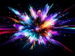 A vibrant explosion of colors and light radiates against a dark background, creating a dynamic and energetic visual effect.