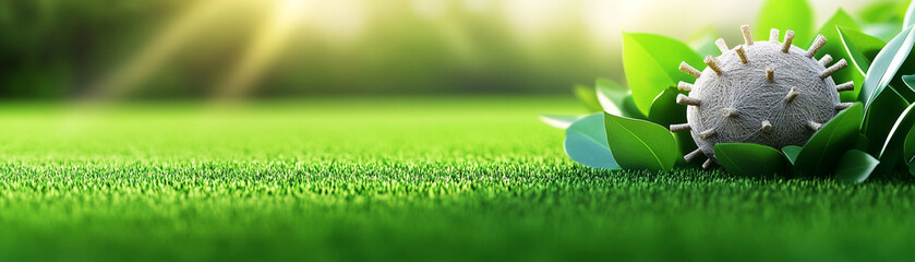 Fototapeta premium vibrant green lawn with virus model surrounded by leaves, symbolizing nature and health