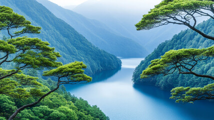 Naklejka premium tranquil mountain vista unfolds where towering trees frame serene river. lush greenery and calm waters create peaceful