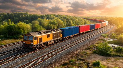 Obraz premium Freight train curves through a forest at sunset