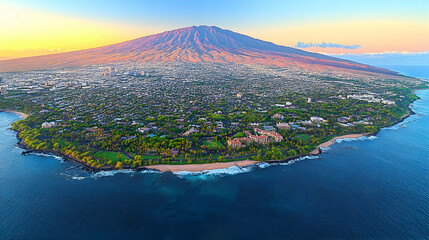 Fototapeta premium Hawaii Volcano Cityscape Aerial Sunrise