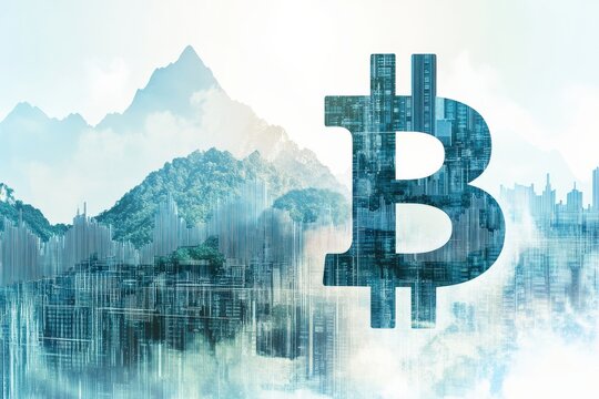 Bitcoin Symbol Overlaid on Mountains and Cityscape, Futuristic Digital Concept