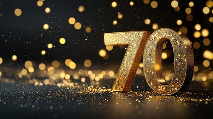 Celebratory Golden 70th Birthday Decoration with Sparkling Glitter and Blurred Bokeh Background for Special Occasion Festivities and Milestone Events