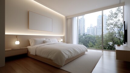 Modern bedroom interior with city view. Possible use for home decor catalog or hotel advertisement