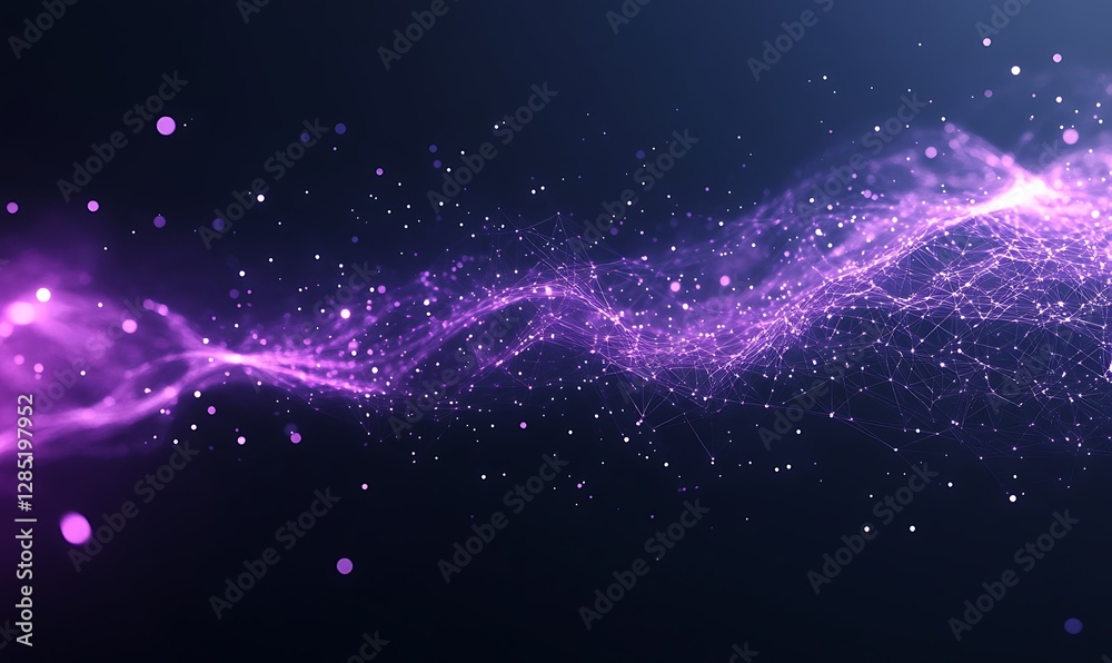 Poster Abstract purple wave with sparkling particles against a dark background.