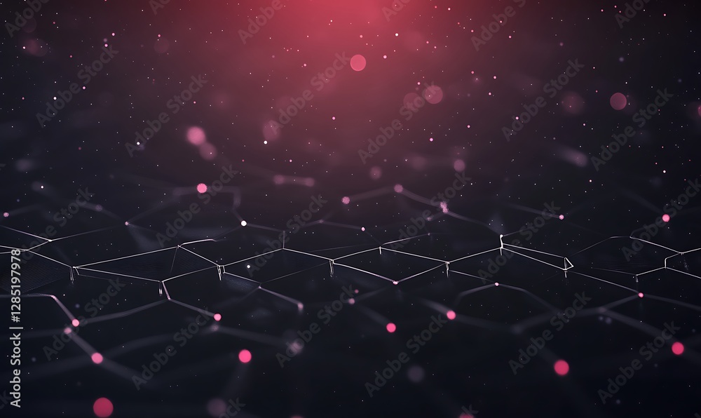 Poster abstract digital background with interconnected nodes and glowing particles in a dark setting.