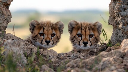 Obraz premium Two Young Cheetah Cubs Peeking Through Rock Formation in Natural Habitat with Lush Green Background Under Soft Natural Light
