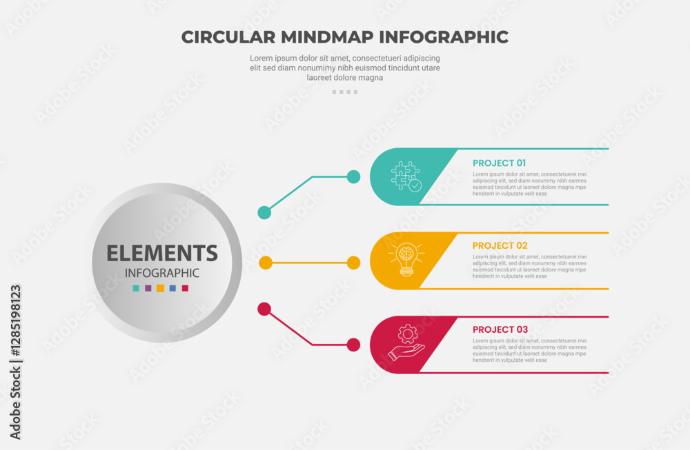 Aufkleber circular mind map infographic outline style with 3 point template with big circle left and open roun