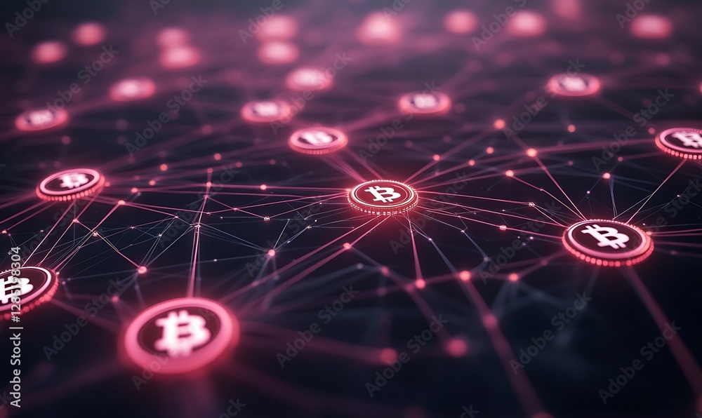 Fototapete digital network of interconnected bitcoin symbols in a futuristic design with glowing lines.