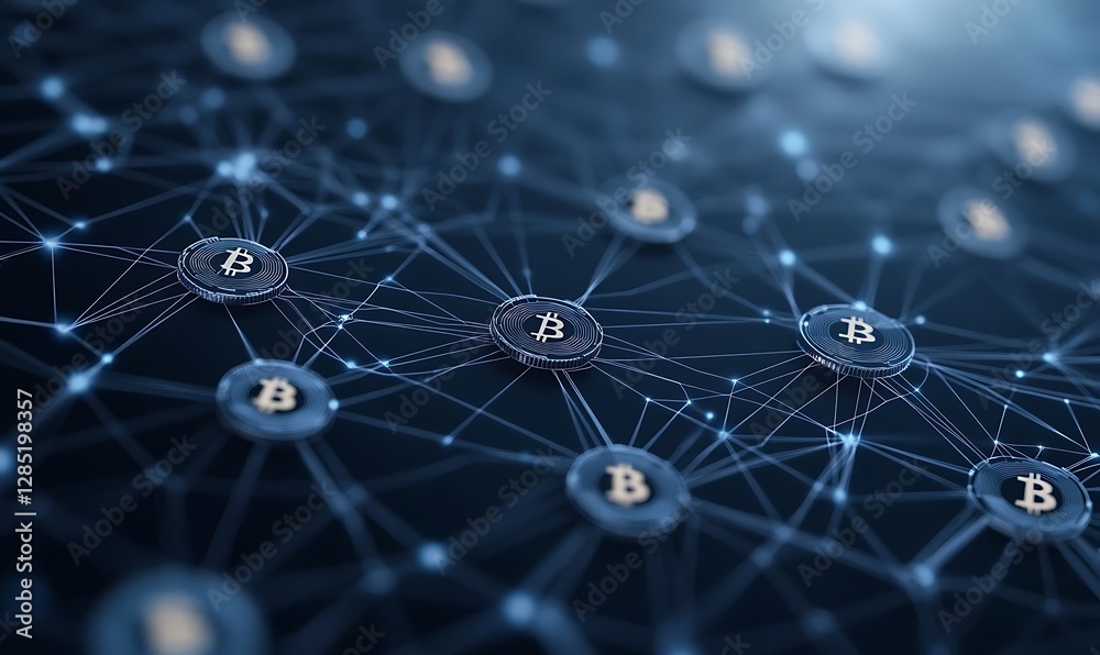 Fototapete digital network with interconnected nodes featuring cryptocurrency symbols in a dark background.