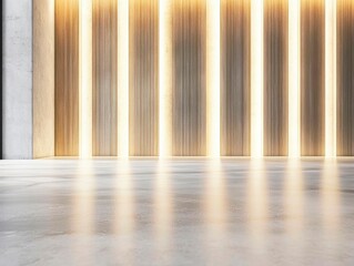Modern minimalist interior design showcases a polished concrete floor and a backlit wood panel wall.