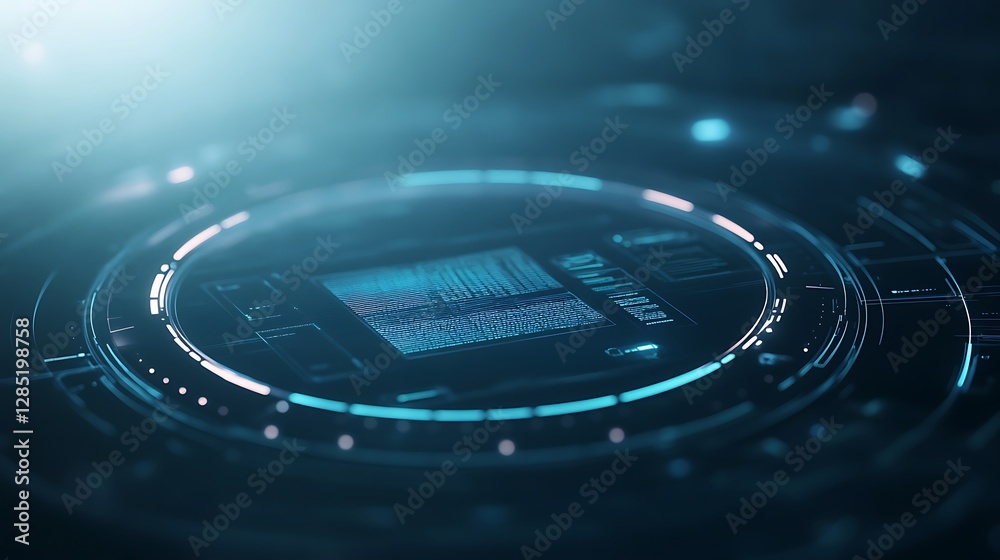 Aufkleber Futuristic digital interface with glowing circuits and data patterns on a dark background.