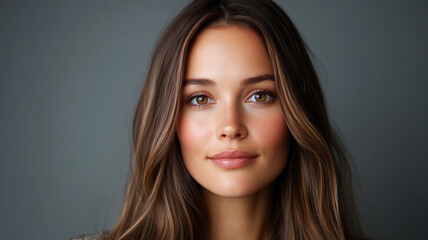 Fototapeta premium Radiant woman with long flowing brown hair, natural makeup, and soft expression