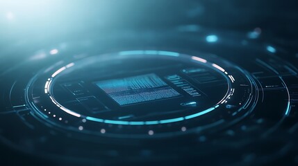 Futuristic digital interface with glowing circuits and data patterns on a dark background.