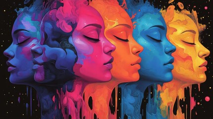Obraz premium Abstract Flat Design of Multi-Colored Faces Representing States of Mind