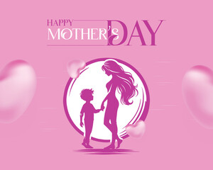 Beautiful Mother's Day background featuring a mother and child holding hands in a loving silhouette. Surrounded by pink balloons and hearts, perfect for cards and social media