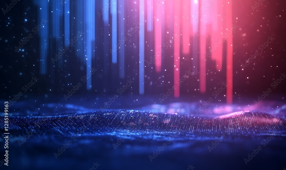 Poster vibrant abstract digital landscape with colorful light rays and sparkling water effects.