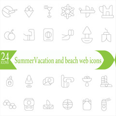  Summer icons. Vacation and beach web icons in line style. Travel, holiday, tourism, hotel, passport, maps, landscape, camera. Icon collection. Vector illustration.