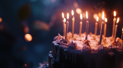 A close-up shot of a birthday cake with candles lit, captured from a low angle to highlight the towering candles and intricate cake design, with a soft, glowing light