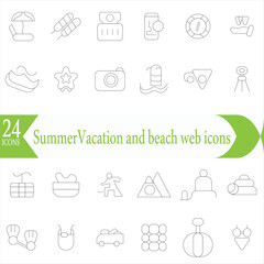  Summer icons. Vacation and beach web icons in line style. Travel, holiday, tourism, hotel, passport, maps, landscape, camera. Icon collection. Vector illustration.