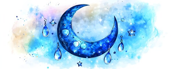 Watercolor illustration of a blue crescent moon and stars