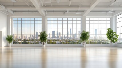 Minimalist office design with city views bright urban landscape wide angle photography