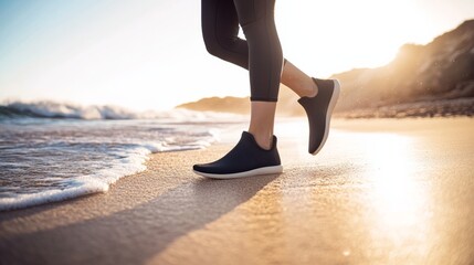 Foot health with a person walking barefoot on a sandy beach. Featuring grounding and rejuvenation