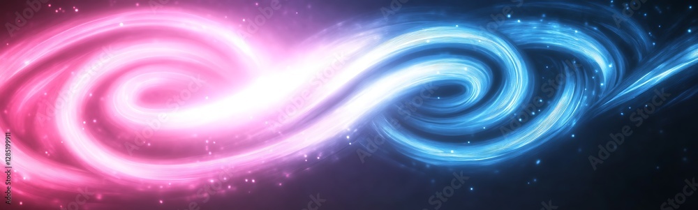 Poster abstract colorful swirls of pink and blue light against a dark background, creating a dynamic, cosmi