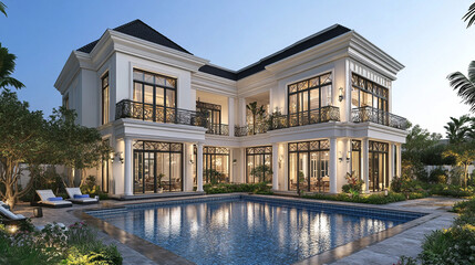 A 3D rendering of a modern two-story house with a large swimming pool, showcasing a minimalist exterior design, blending luxury, sophistication, and contemporary living in an elegant environment