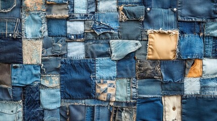 Textured Denim Fabric Patchwork with Various Blue Shades and Distinctive Patterns
