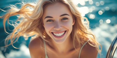 Obraz premium Smiling young woman with blonde hair enjoying a sunny day by the ocean, feeling free and happy. Wind blowing through her hair as she embraces the fresh sea breeze and warm sunlight.