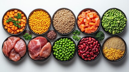 Variety of healthy protein and grain bowls on white background
