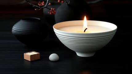 Elegant White Ceramic Candle in Bowl With Dark Background